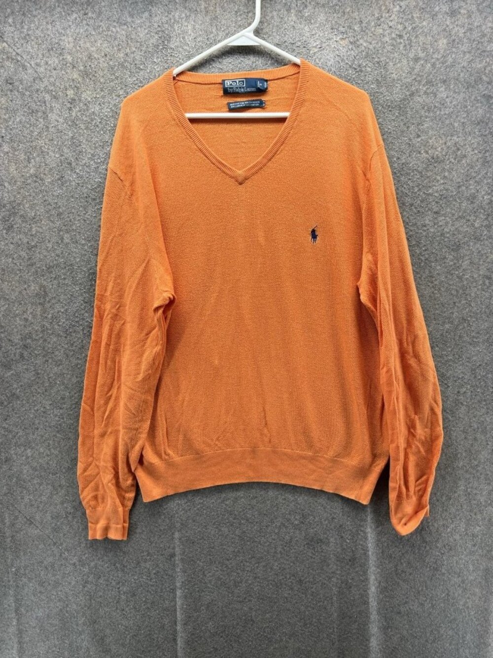 Polo By Ralph Lauren Sweater Men Large Orange V Neck Knit Pullover Logo Casual